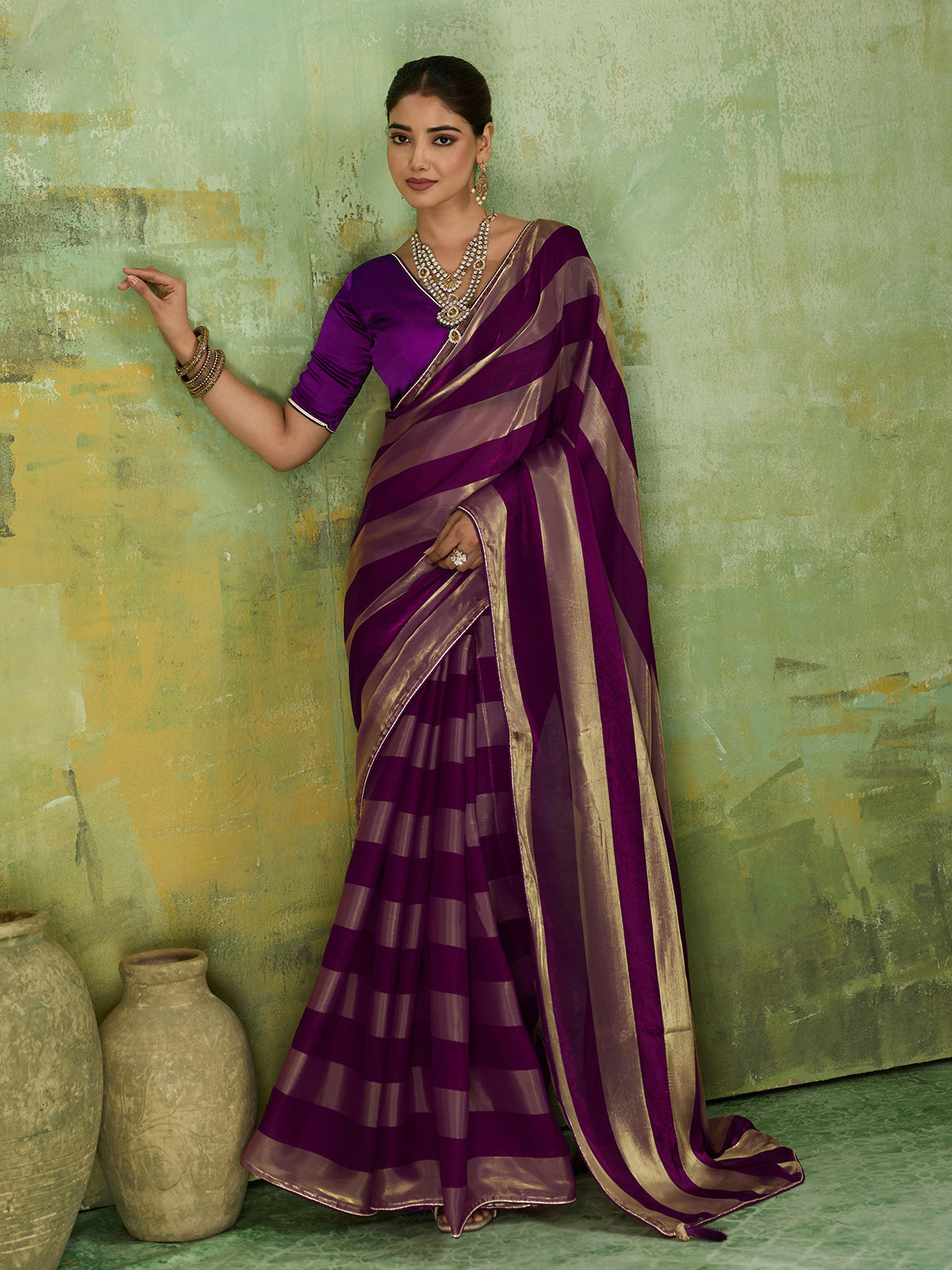 Royal purple satin silk saree for women