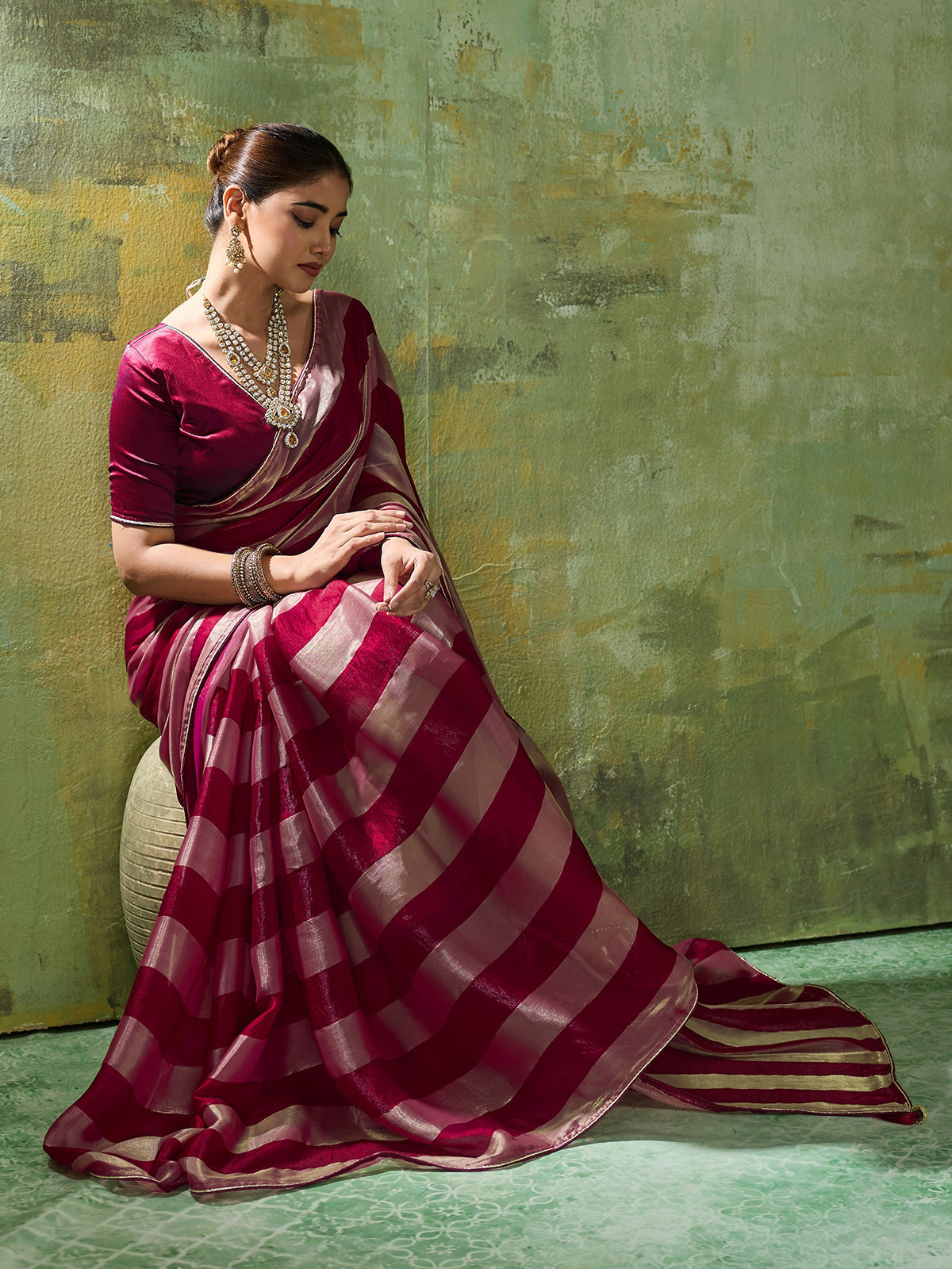 Elegant wine zari satin silk saree for women