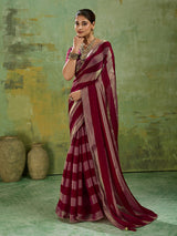 Elegant wine zari satin silk saree for women