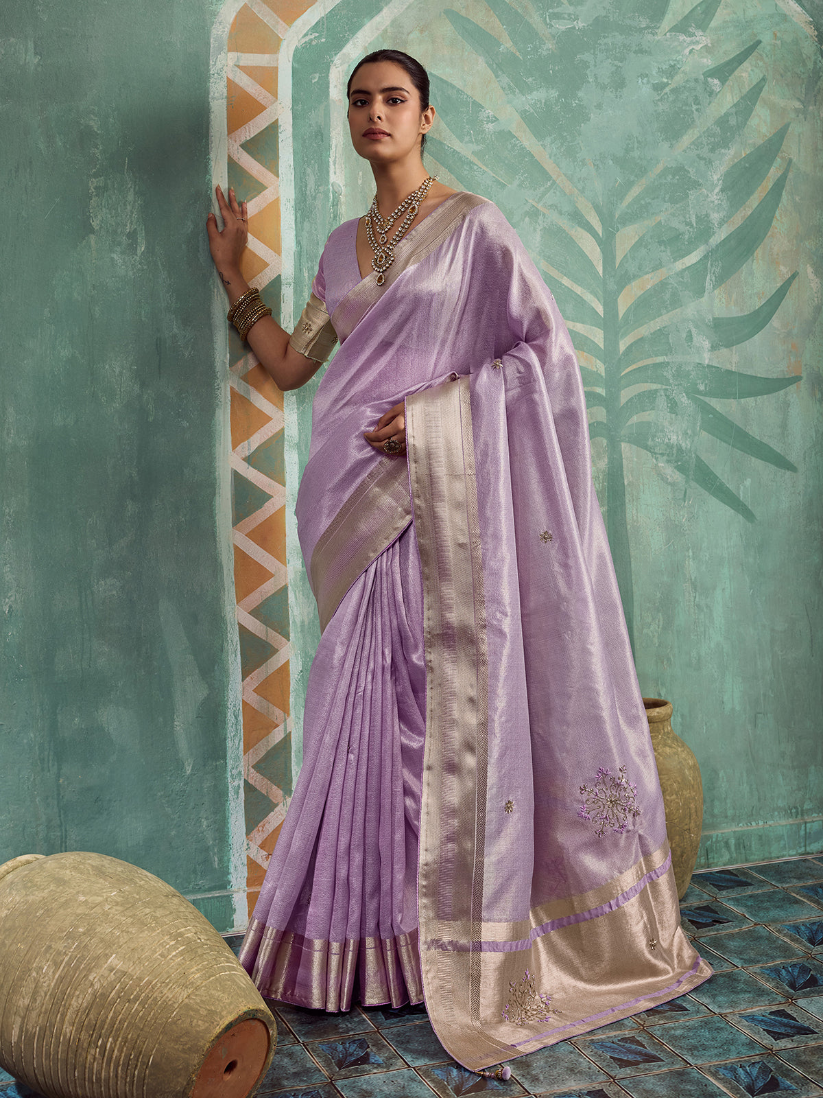 Dreamy lavender party wear tissue saree for women