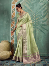 Enchanting green embroidered tissue saree for women