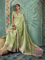 Enchanting green embroidered tissue saree for women