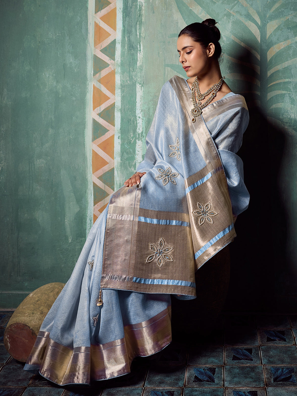 Majestic blue designer tissue cotton saree for women