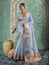 Majestic blue designer tissue cotton saree for women
