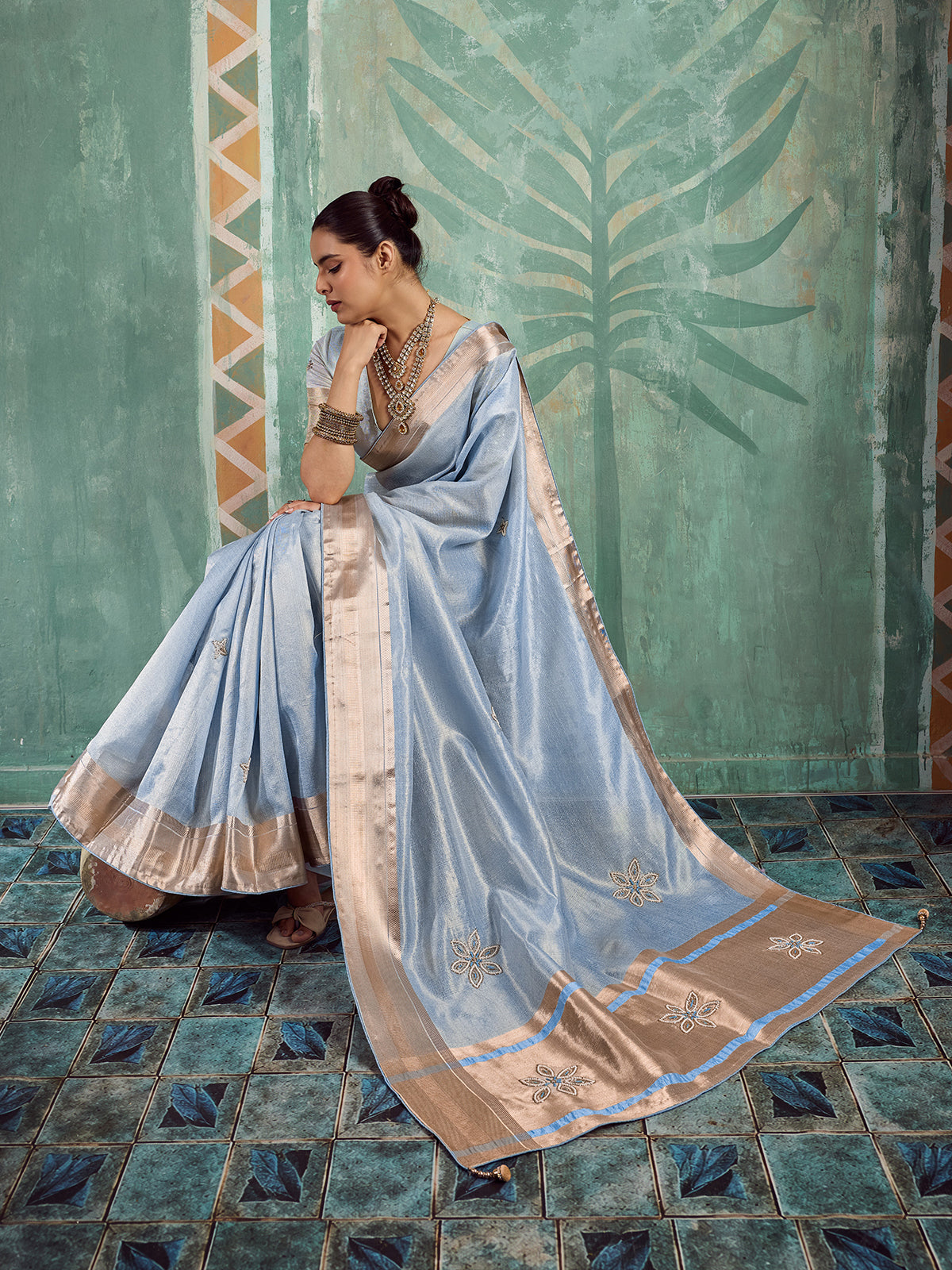 Majestic blue designer tissue cotton saree for women