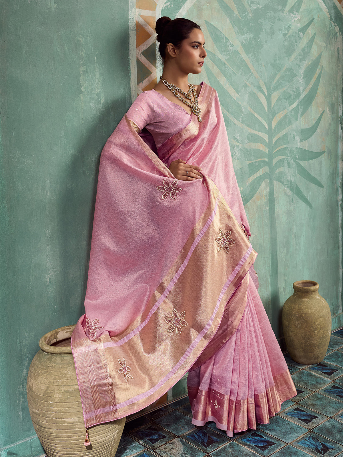 Blush pink festive tissue cotton saree for women
