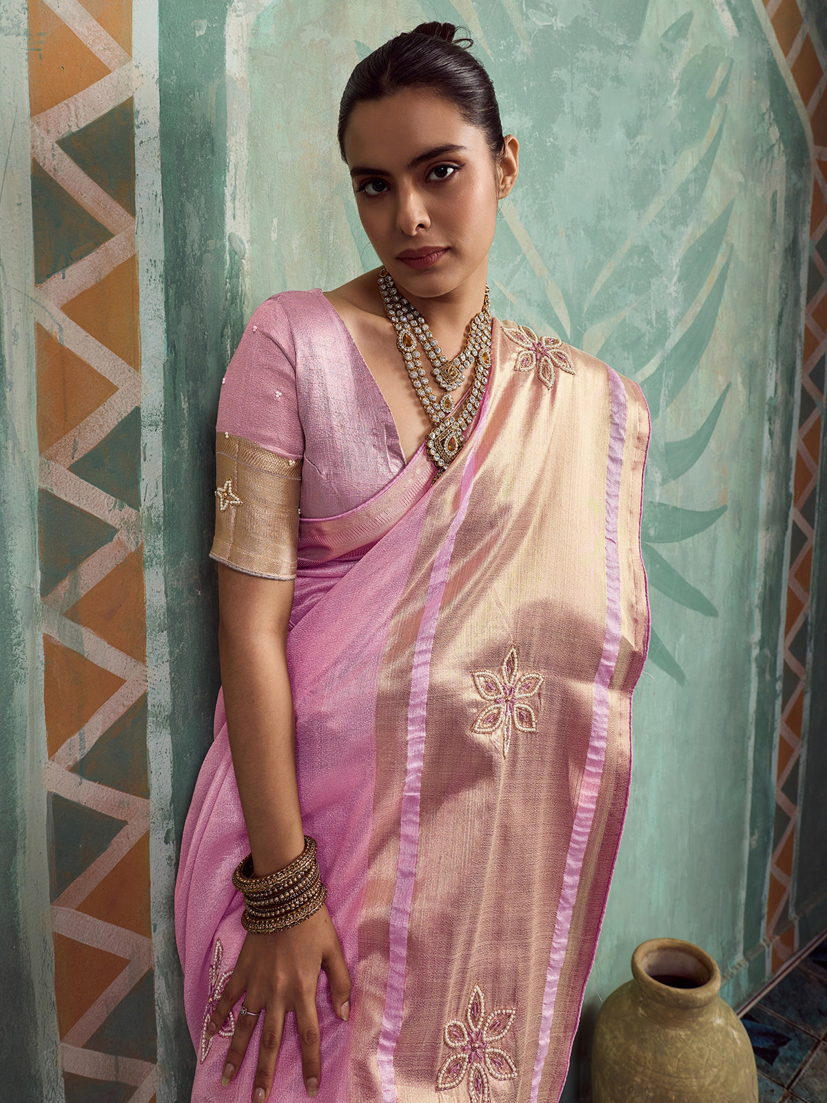 Blush pink festive tissue cotton saree for women