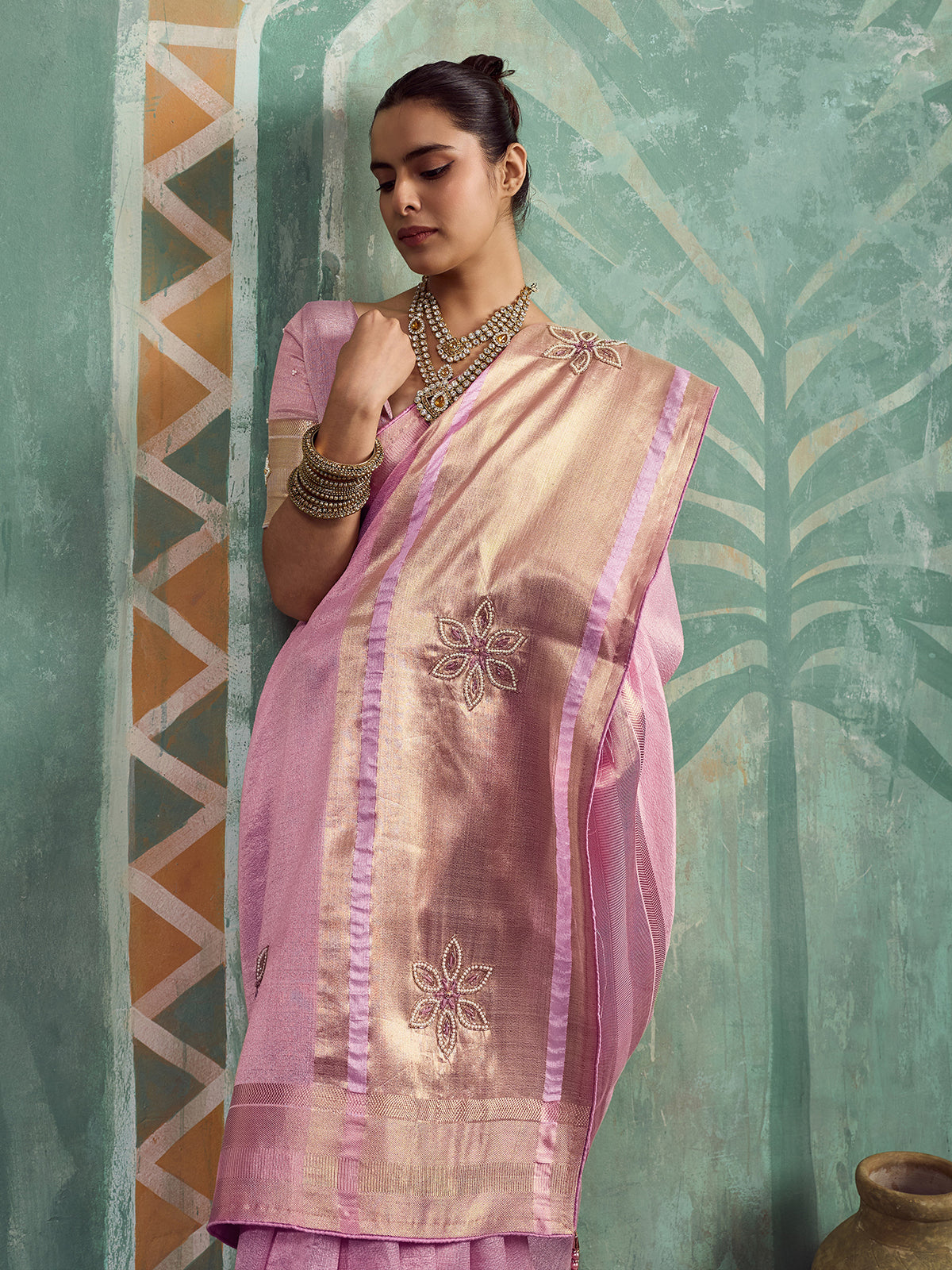 Blush pink festive tissue cotton saree for women