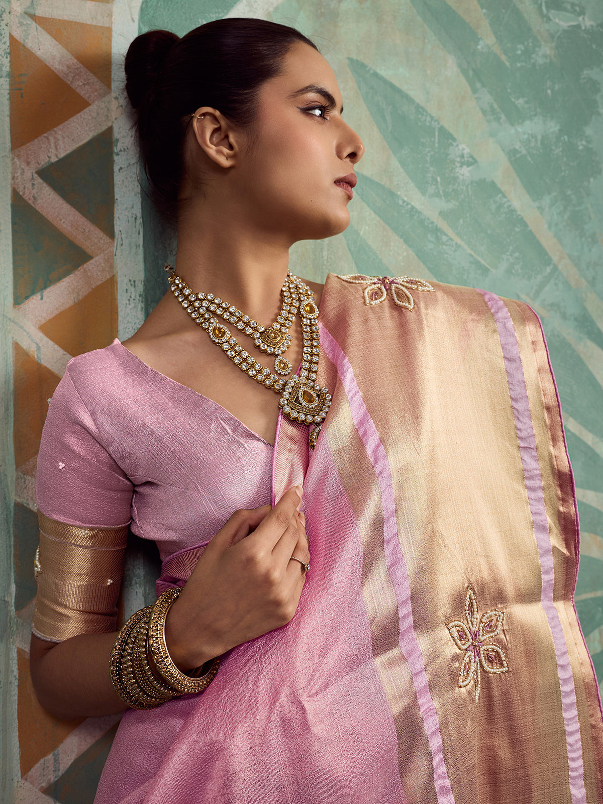 Blush pink festive tissue cotton saree for women