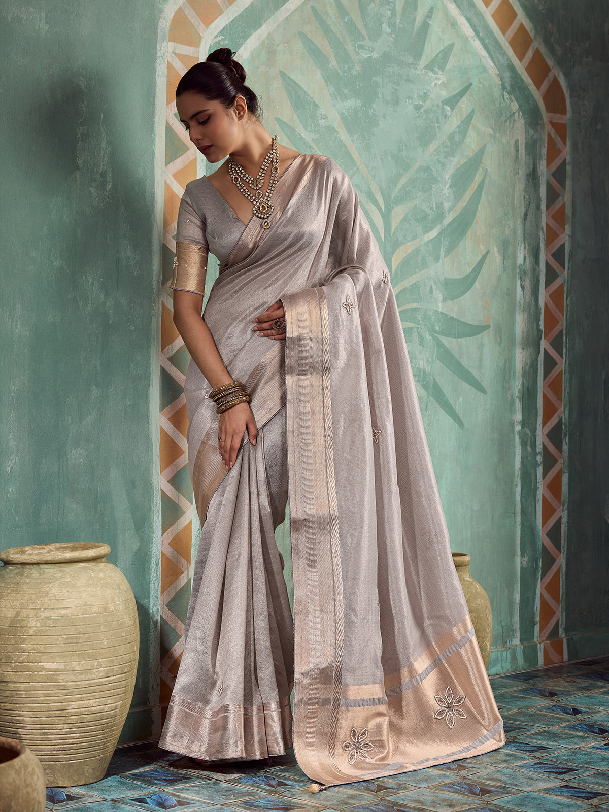 Radiant grey embroidered tissue cotton saree for women