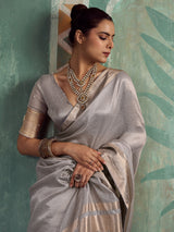 Radiant grey embroidered tissue cotton saree for women