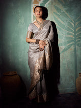Radiant grey embroidered tissue cotton saree for women