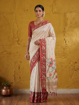 Beige and maroon art tusser silk saree with floral bird motifs