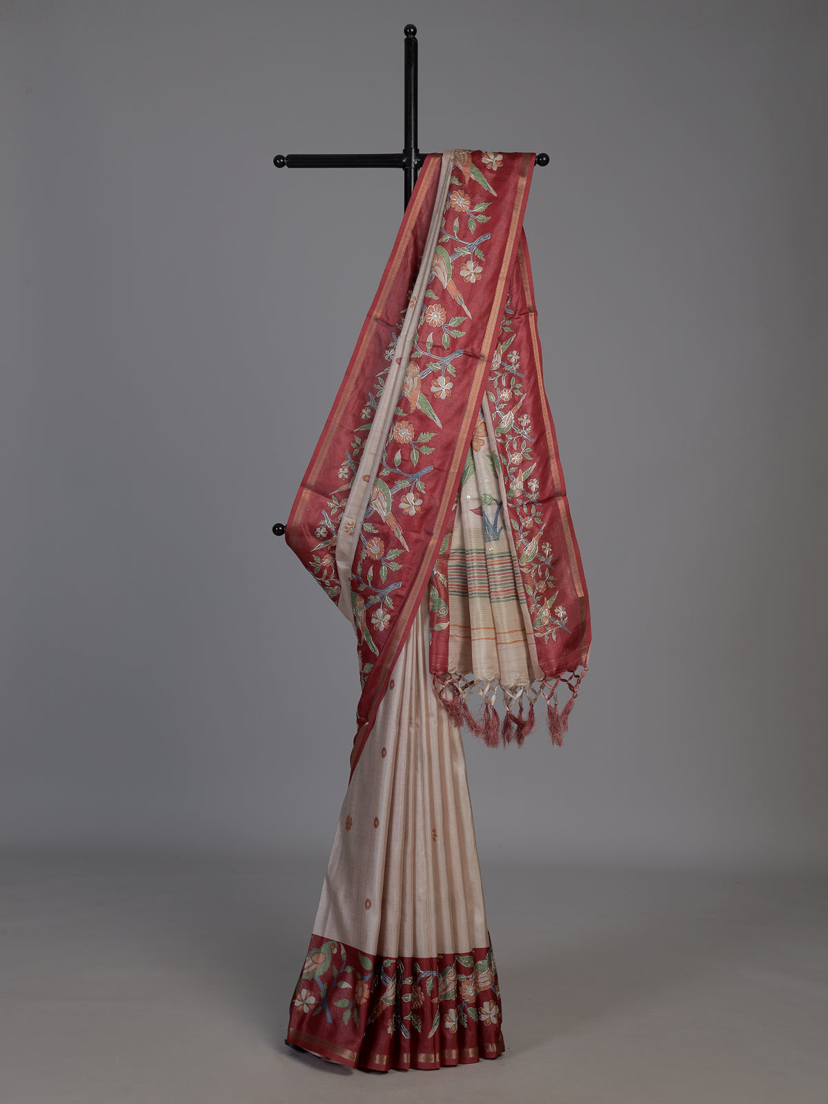 Beige and maroon art tusser silk saree with floral bird motifs