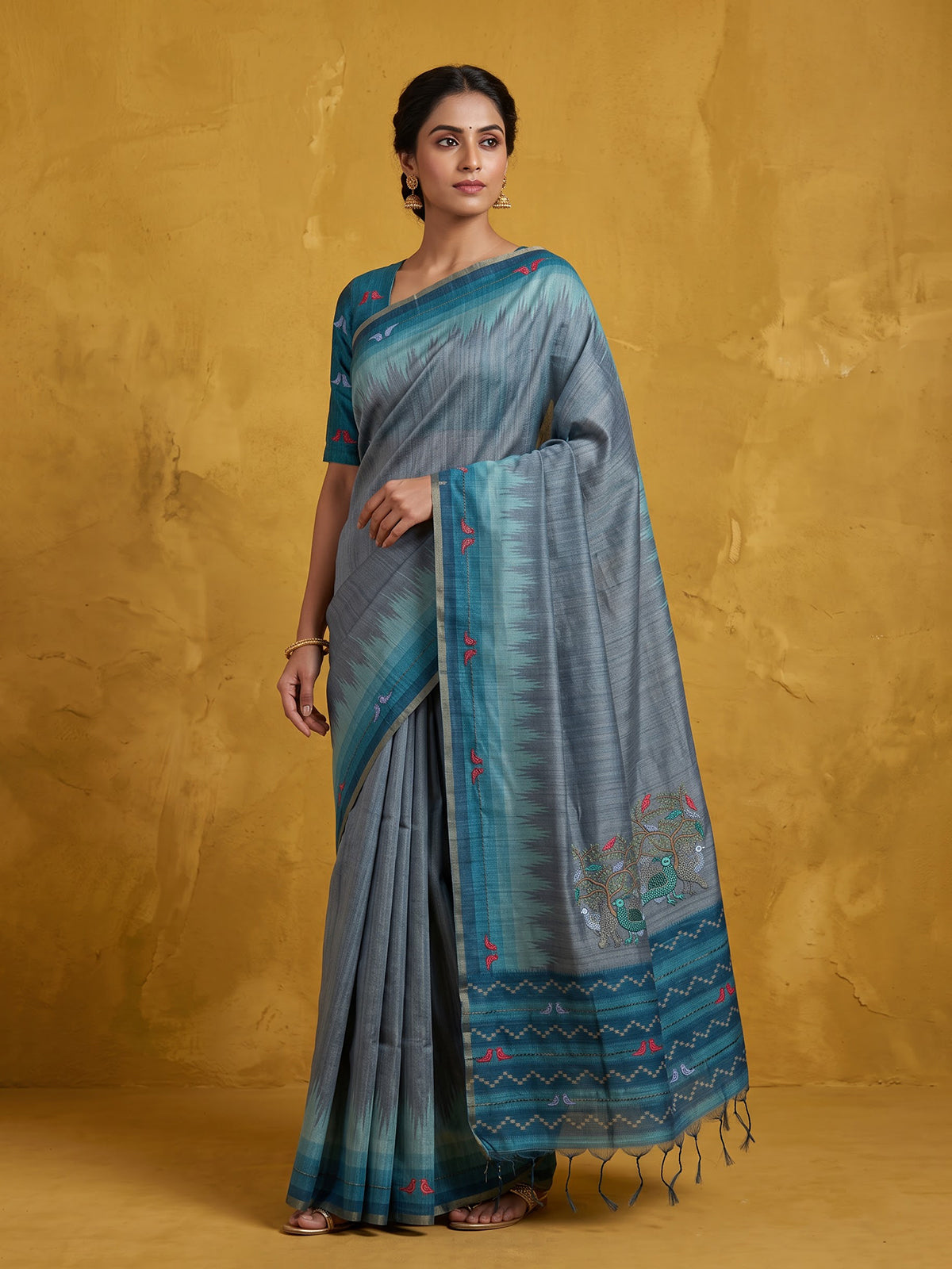Blue and grey cotton silk saree with elegant bird motifs