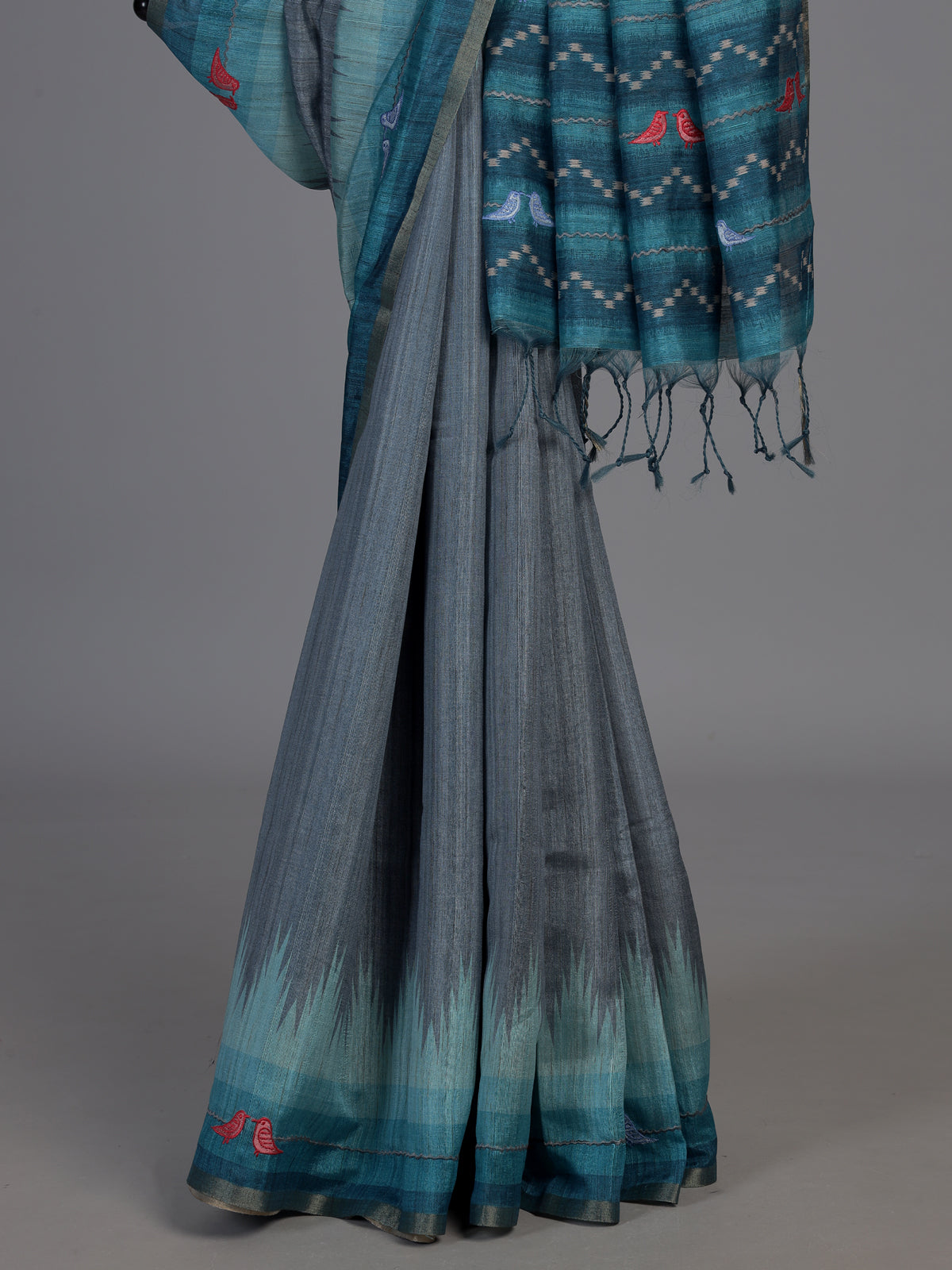Blue and grey cotton silk saree with elegant bird motifs
