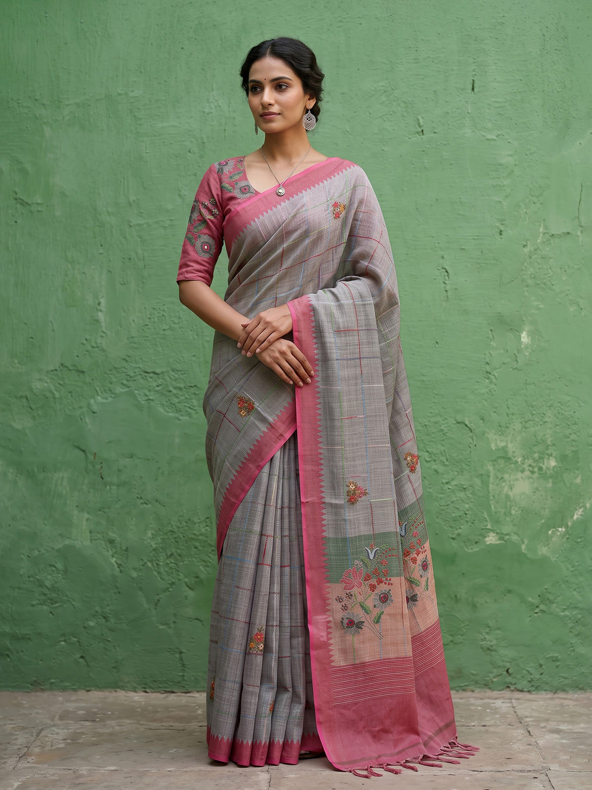 Grey cotton silk saree with floral mirror work elegance