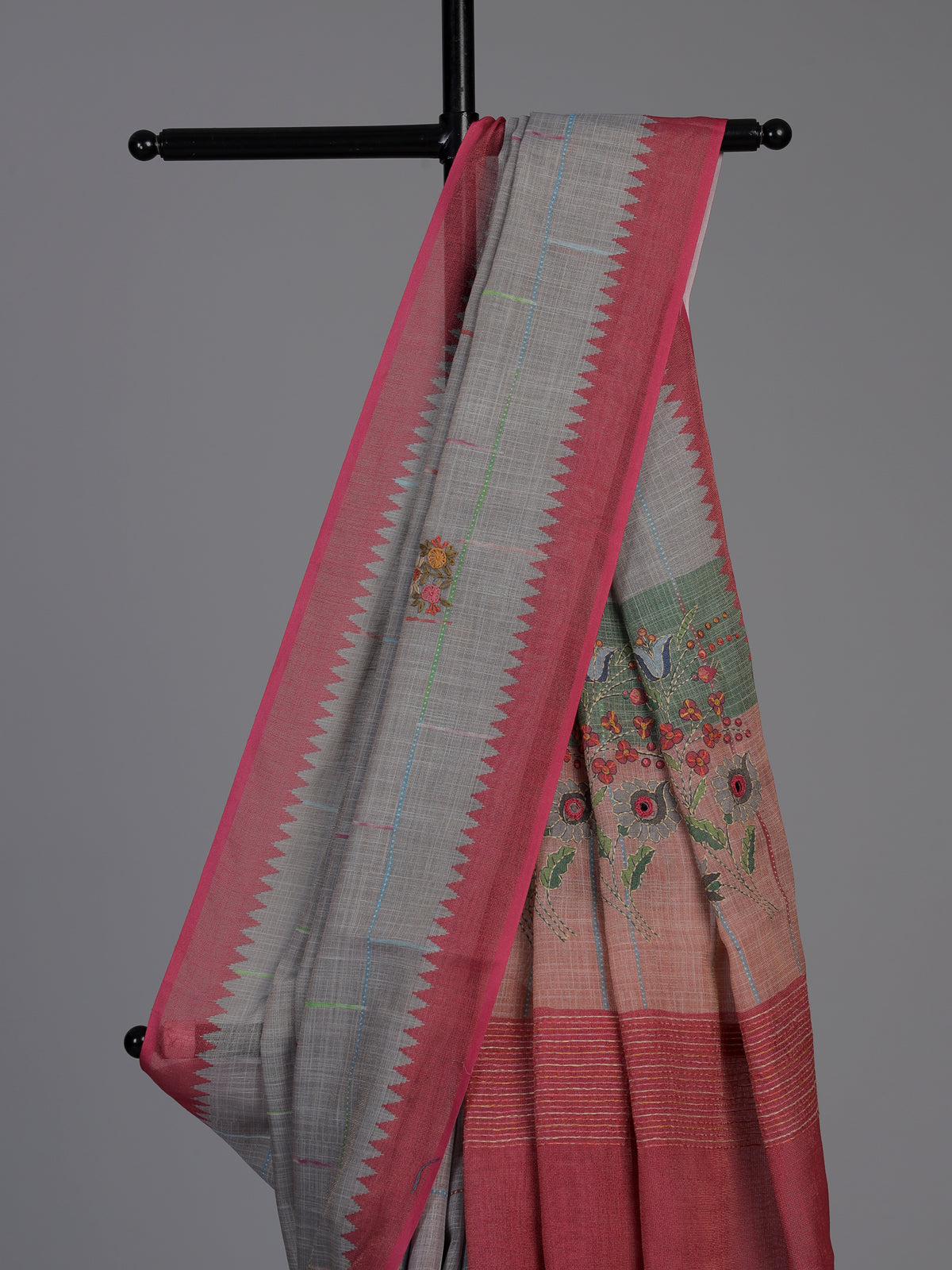 Grey cotton silk saree with floral mirror work elegance