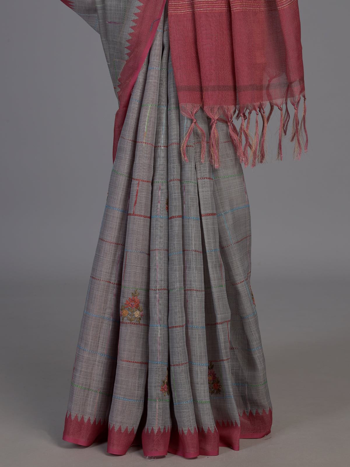 Grey cotton silk saree with floral mirror work elegance