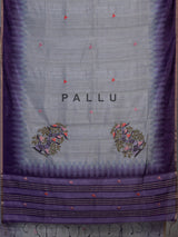 Grey cotton silk saree with purple border and bird motifs