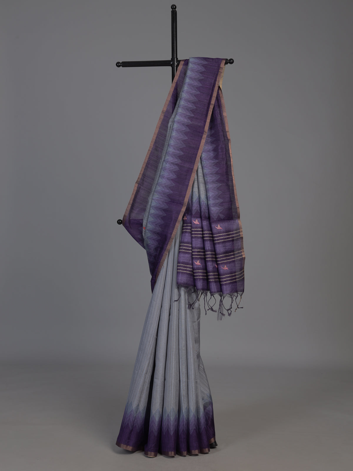 Grey cotton silk saree with purple border and bird motifs