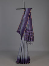 Grey cotton silk saree with purple border and bird motifs