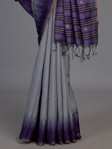 Grey cotton silk saree with purple border and bird motifs