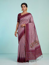 Wine cotton silk saree with bird motifs and tassel accents