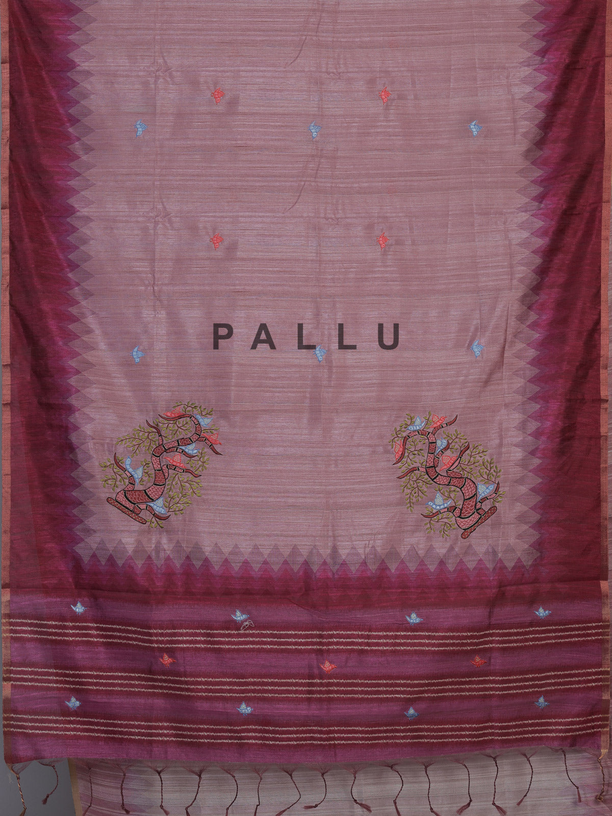 Wine cotton silk saree with bird motifs and tassel accents