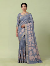 Stone blue art silk saree with floral and elephant motif detailing