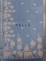 Stone blue art silk saree with floral and elephant motif detailing