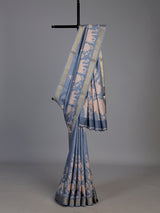 Stone blue art silk saree with floral and elephant motif detailing