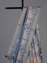 Stone blue art silk saree with floral and elephant motif detailing