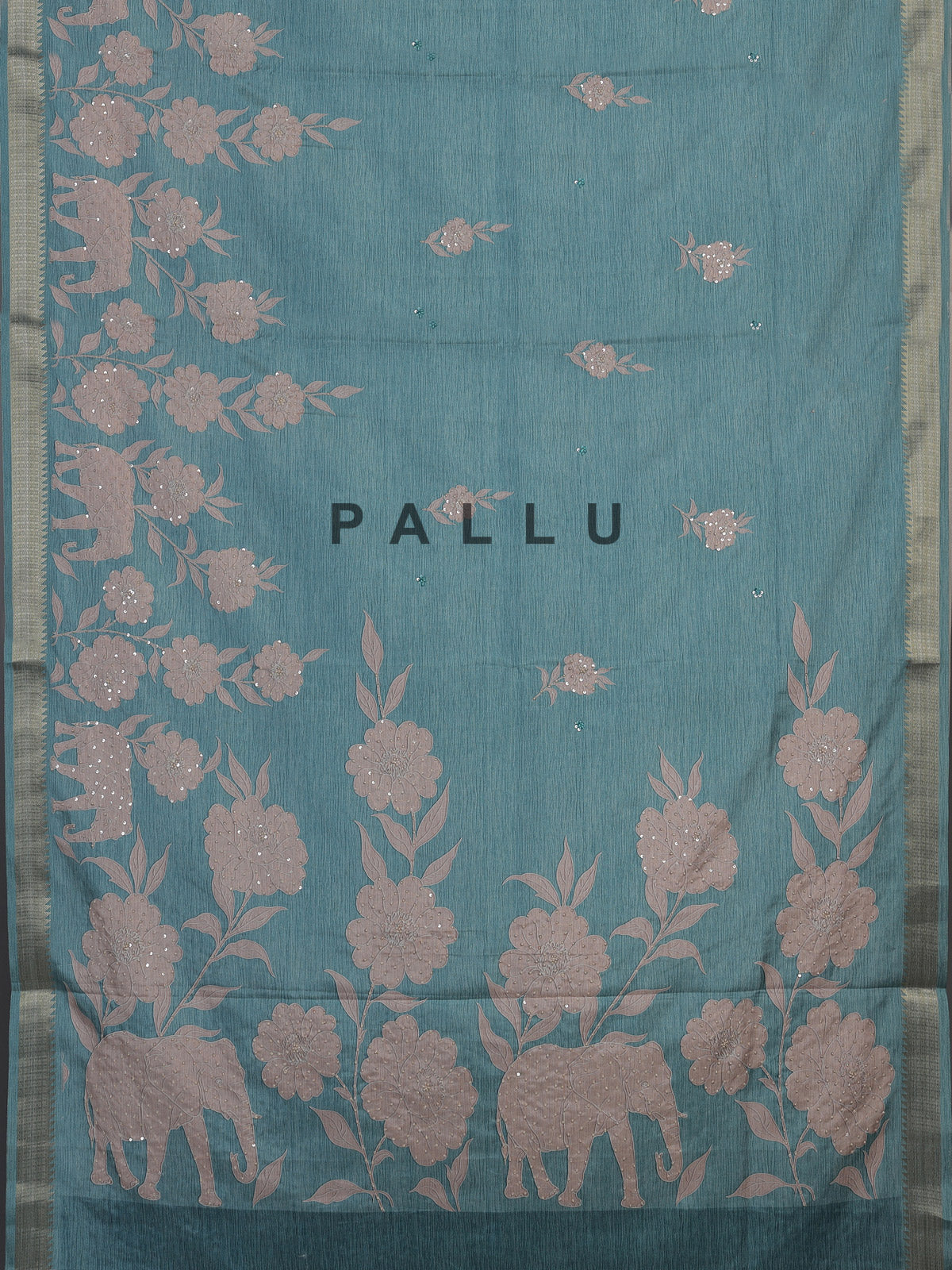 Blue art silk saree with floral elephant printed motifs