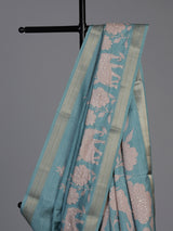 Blue art silk saree with floral elephant printed motifs