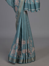 Blue art silk saree with floral elephant printed motifs