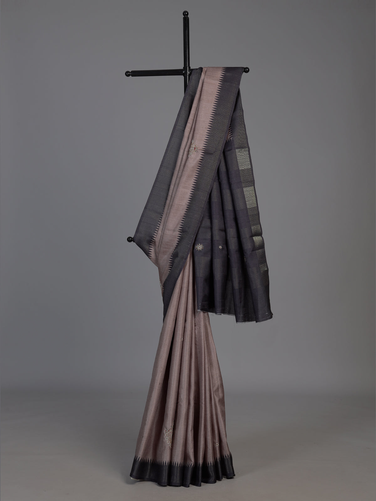 Pastel brown semi tusser silk saree with black border elegance