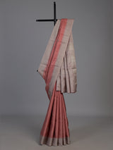 Peach semi tusser silk saree with grey border zari detailing