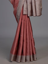 Peach semi tusser silk saree with grey border zari detailing