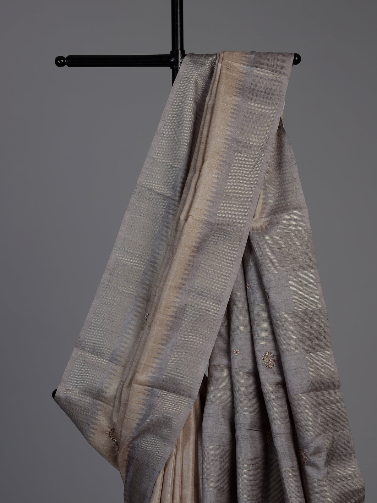 Pastel beige semi tusser silk saree with grey contrast border