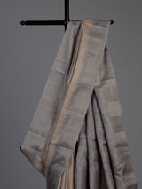 Pastel beige semi tusser silk saree with grey contrast border