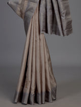 Pastel beige semi tusser silk saree with grey contrast border