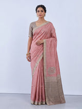 Pink semi tusser silk saree with elegant zardosi border detailing