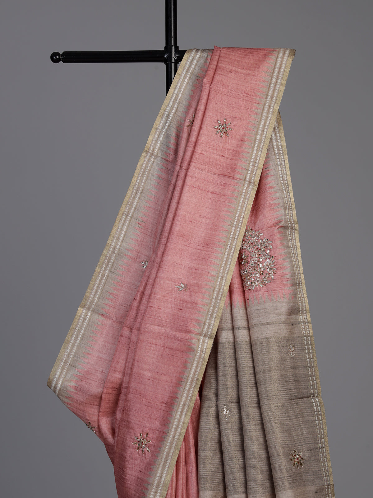 Pink semi tusser silk saree with elegant zardosi border detailing