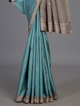 Sky blue semi tusser silk saree with rich zari embellishments