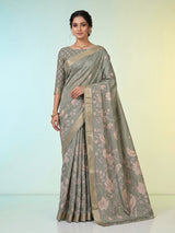 Pista green cotton silk saree with floral bird embroidery