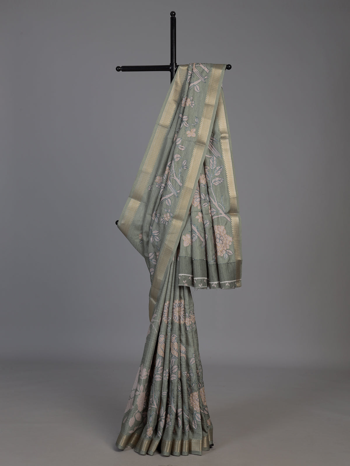 Pista green cotton silk saree with floral bird embroidery