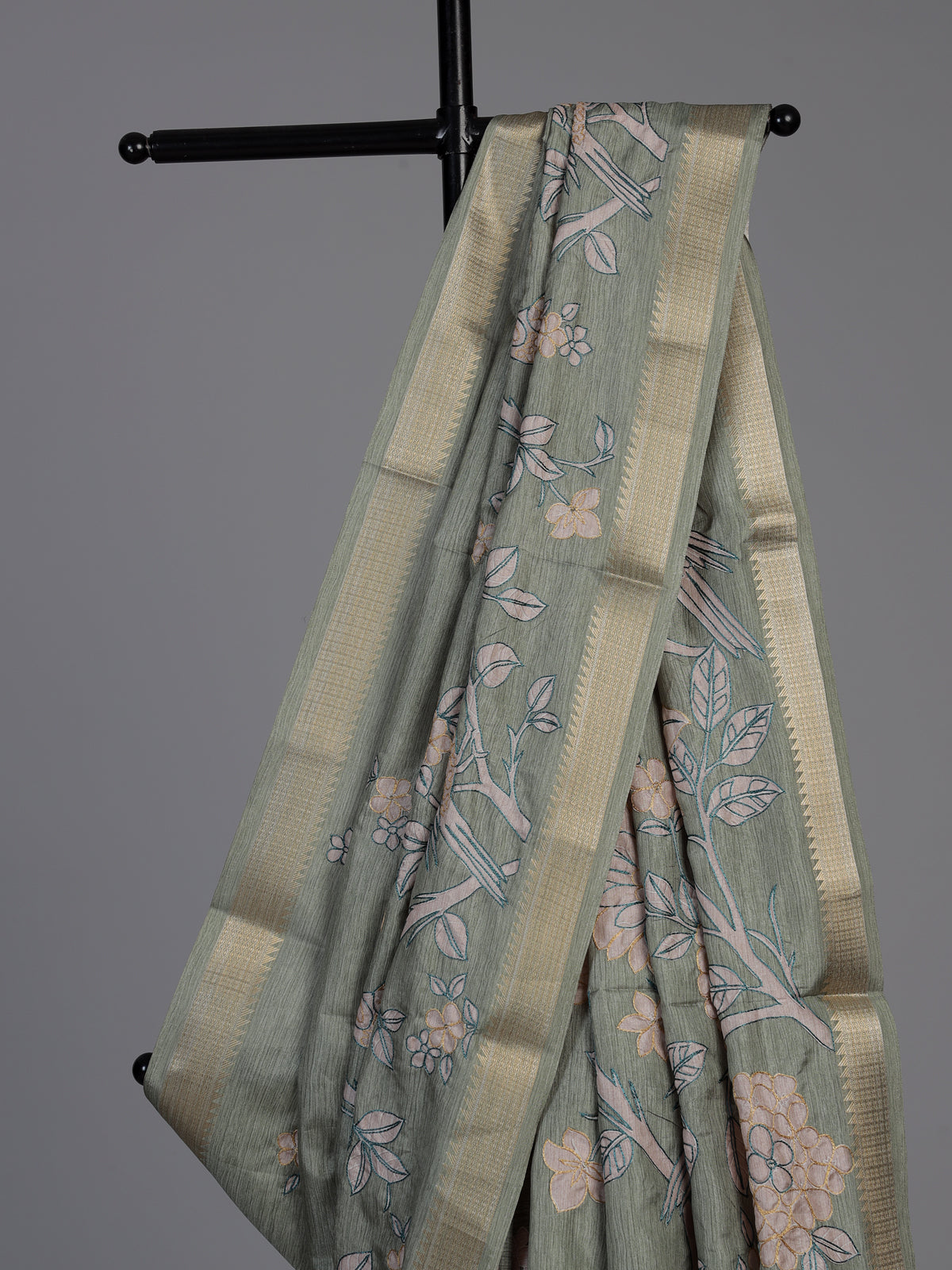Pista green cotton silk saree with floral bird embroidery