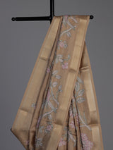 Pastel beige cotton silk saree with elegant bird motifs
