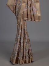 Pastel beige cotton silk saree with elegant bird motifs